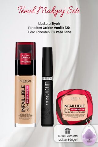 Loreal Paris Fresh Wear 32H Fondöten 120,Pudra Fondöten 180, Telescopic Lift Siyah ve Makyaj Süngeri Lila