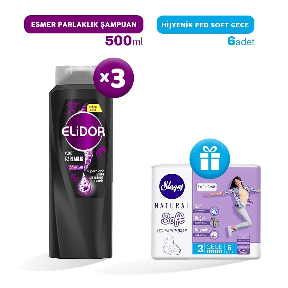 Elidor Şampuan Esmer Parlaklık 500 ml x 3, Hijyenik Ped Gece 6'lı Hediye