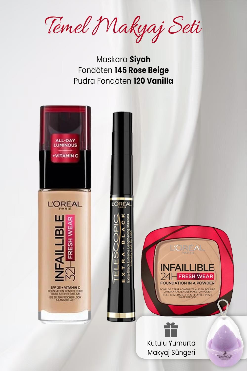 Loreal Paris Infaillible 32H Fresh Wear Fondöten 145, Pudra Fondöten 120,Telescopic Carbon Siyah ve Makyaj Süngeri Lila