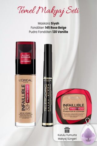Loreal Paris Infaillible 32H Fresh Wear Fondöten 145, Pudra Fondöten 120,Telescopic Carbon Siyah ve Makyaj Süngeri Lila