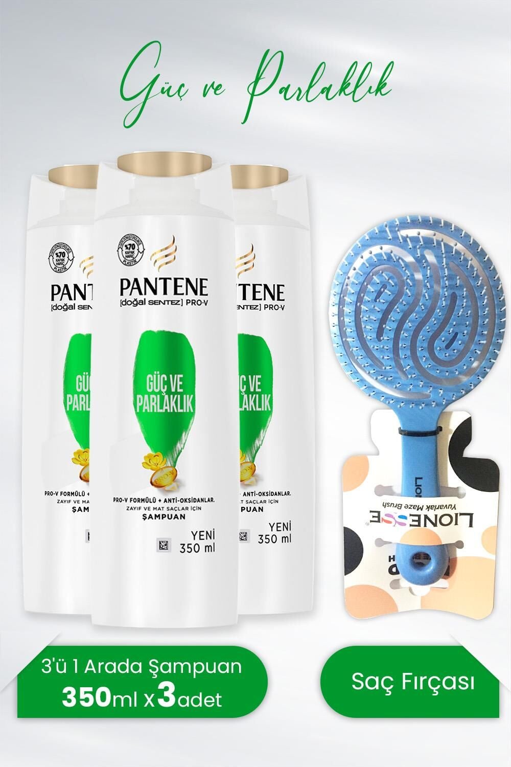Pantene Şampuan Güç ve Parlaklık 3'ü 1 Arada 350 ml x3 Adet ve Tarko Lionesse Saç Fırçası Mavi