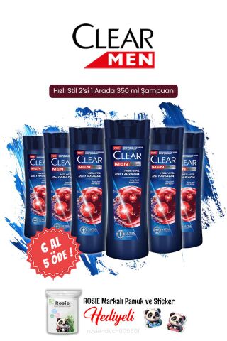 Clear 6 AL 5 ÖDE Men Hızlı Stil 2'si 1 Arada 350 ml Şampuan ve Rosie Hediye