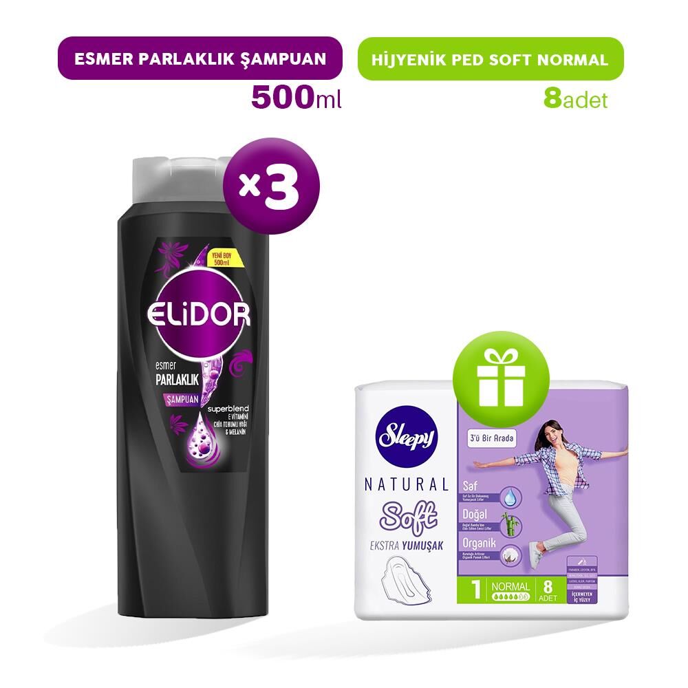 Elidor Şampuan Esmer Parlaklık 500 ml x 3, Hijyenik Ped Normal 8'li Hediye
