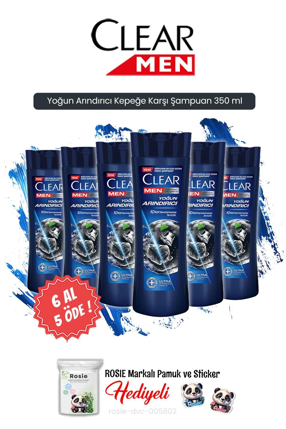 Clear 6 AL 5 ÖDE Men Yoğun Arındırıcı Kepeğe Karşı Şampuan 350 ml ve Rosie Hediye