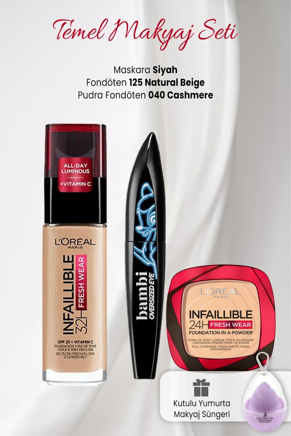 Loreal Paris 32H Fresh Wear 125, Pudra Fondöten 040, Bambi Oversized Siyah ve Makyaj Süngeri Lila