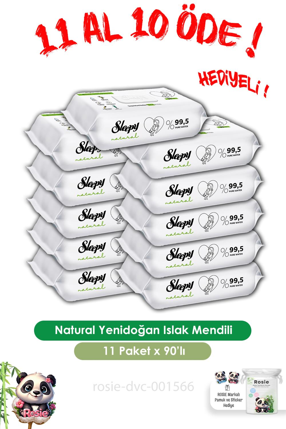 Sleepy 11 AL 10 ÖDE Natural Yenidoğan Islak Mendili 90 Adet ve ROSIE