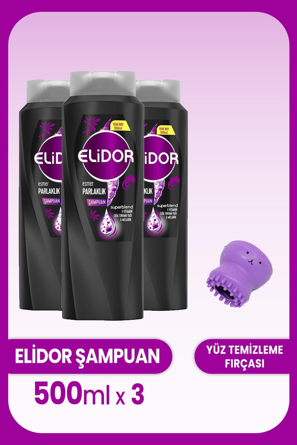 Elidor Superblend Şampuan Esmer Parlaklık 500 ml x 3 Adet ve Yüz Temizleme Fırçası