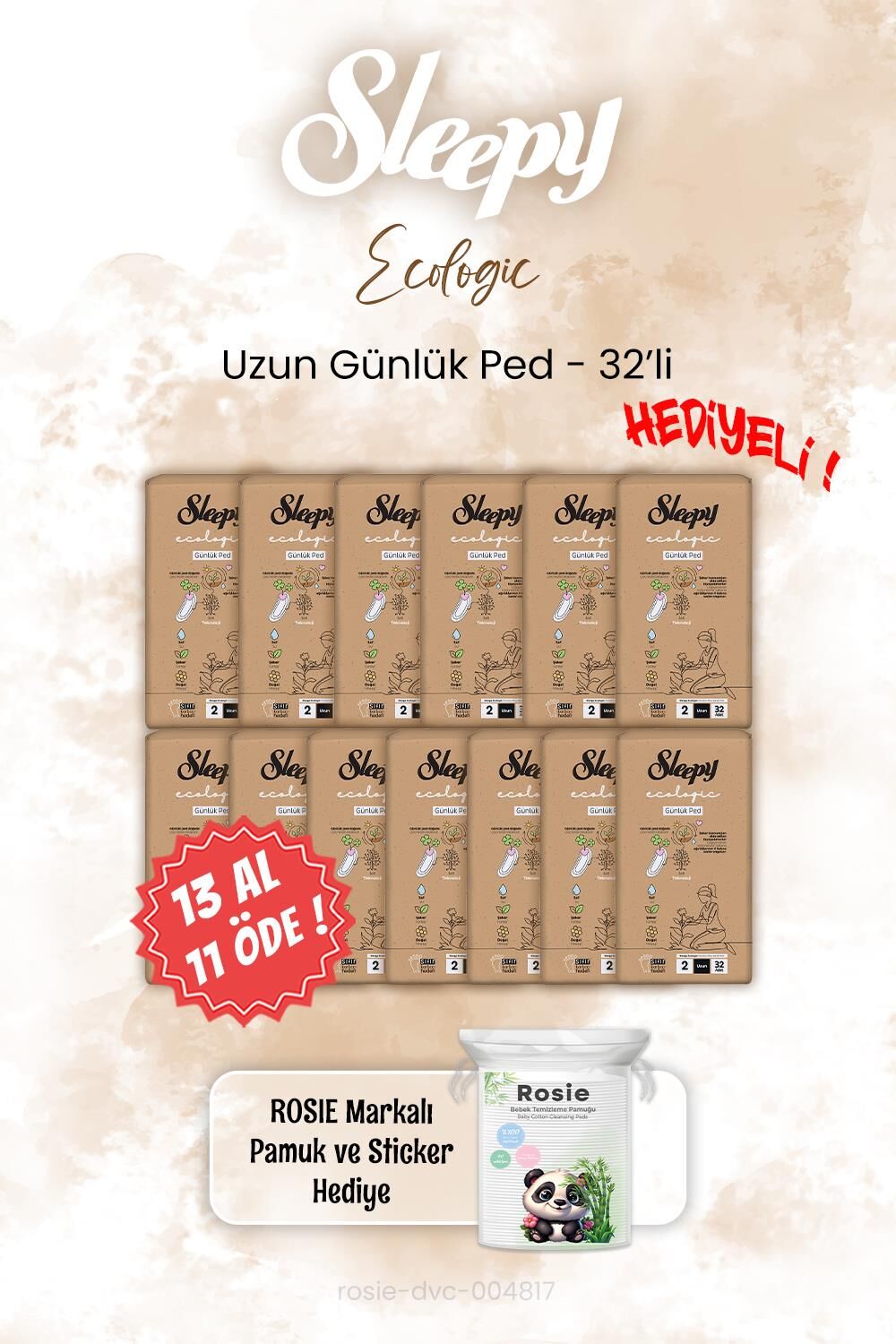 Sleepy 13 AL 11 ÖDE Uzun Ecologic Günlük Ped 32'li ve ROSIE