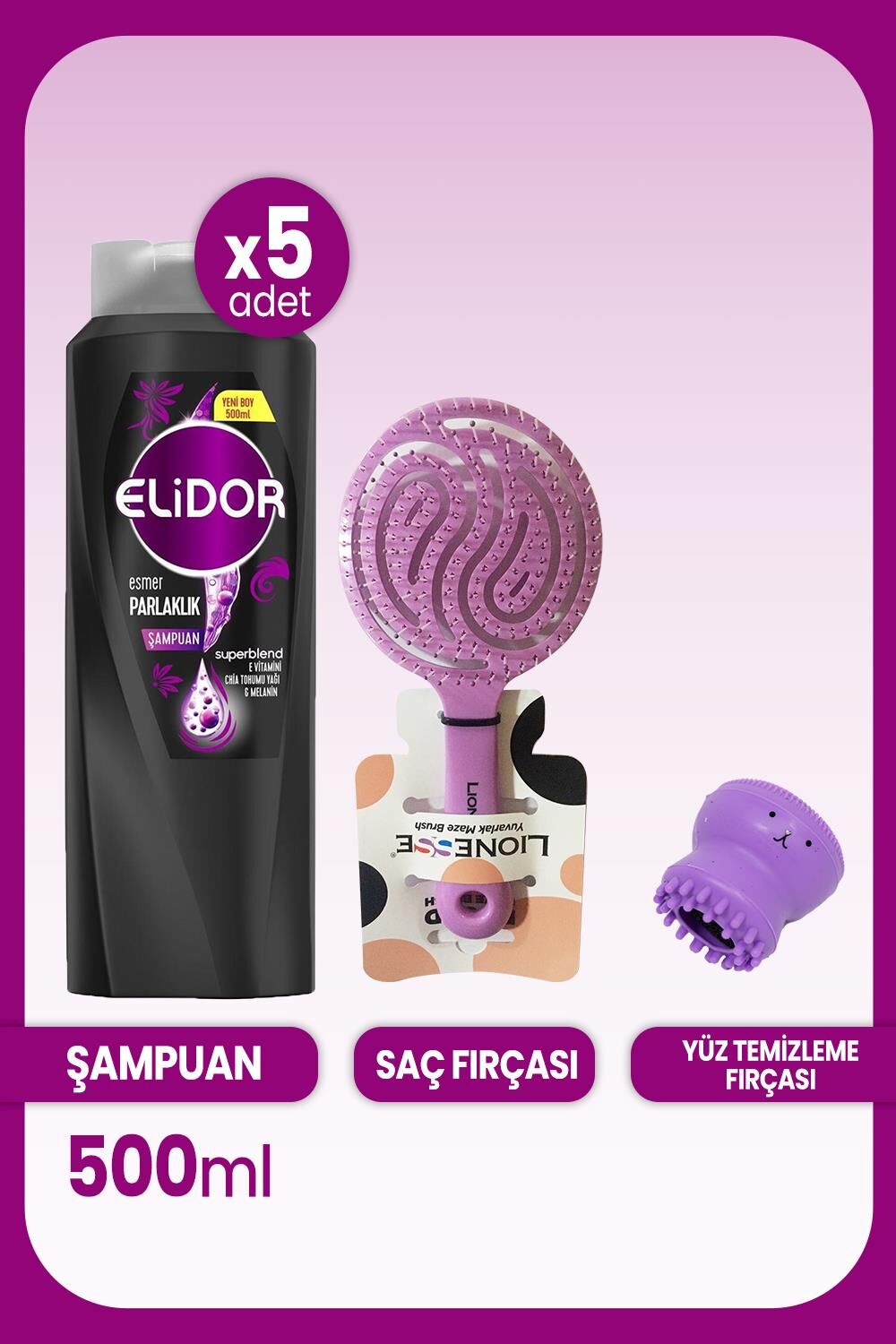 Elidor Superblend Şampuan Esmer Parlaklık 500 ml x 5 Adet, Saç Fırçası ve Yüz Temizleme Fırçası