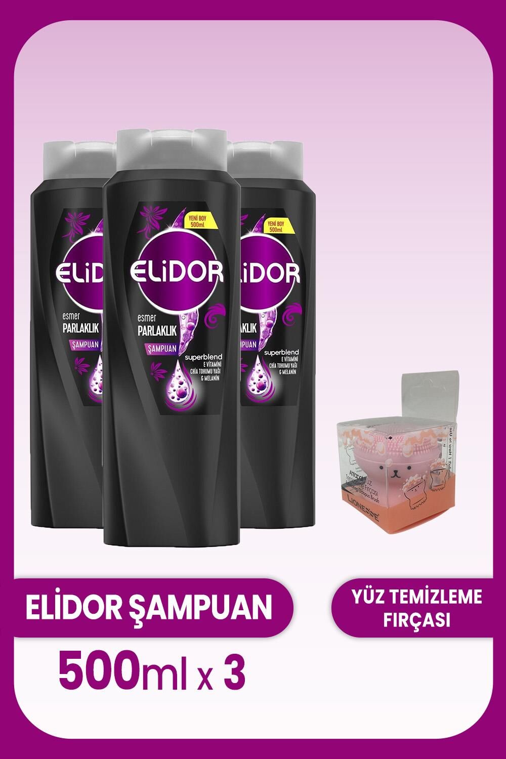 Elidor Superblend Şampuan Esmer Parlaklık 500 ml x 3 Adet ve Yüz Fırçası