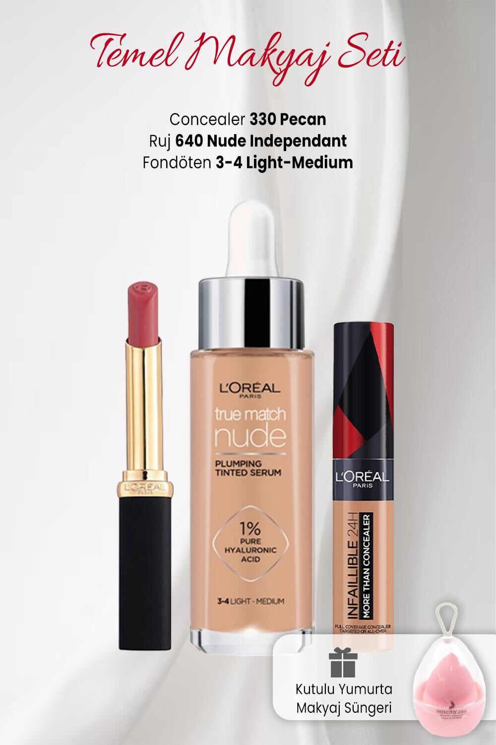 Loreal Paris Than Concealer 330, Fondöten Serum 3-4, Color Riche 640 ve Makyaj Süngeri Pembe