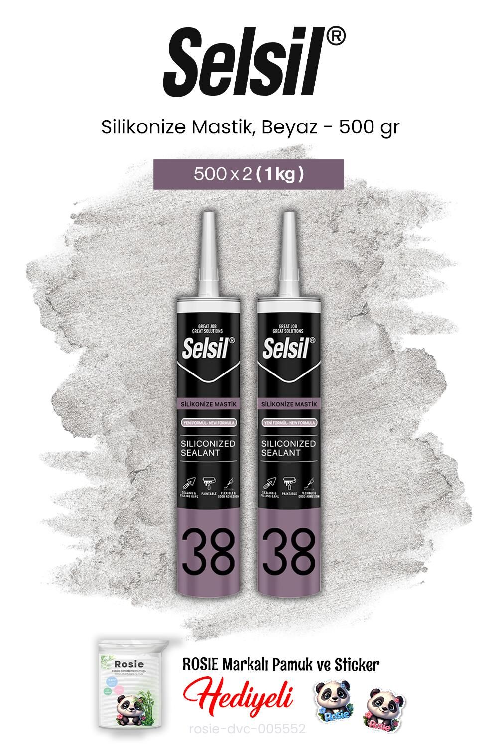 Selsil Silikonize Mastik, 500 gr, Beyaz 2 adet ve rosie pamuk