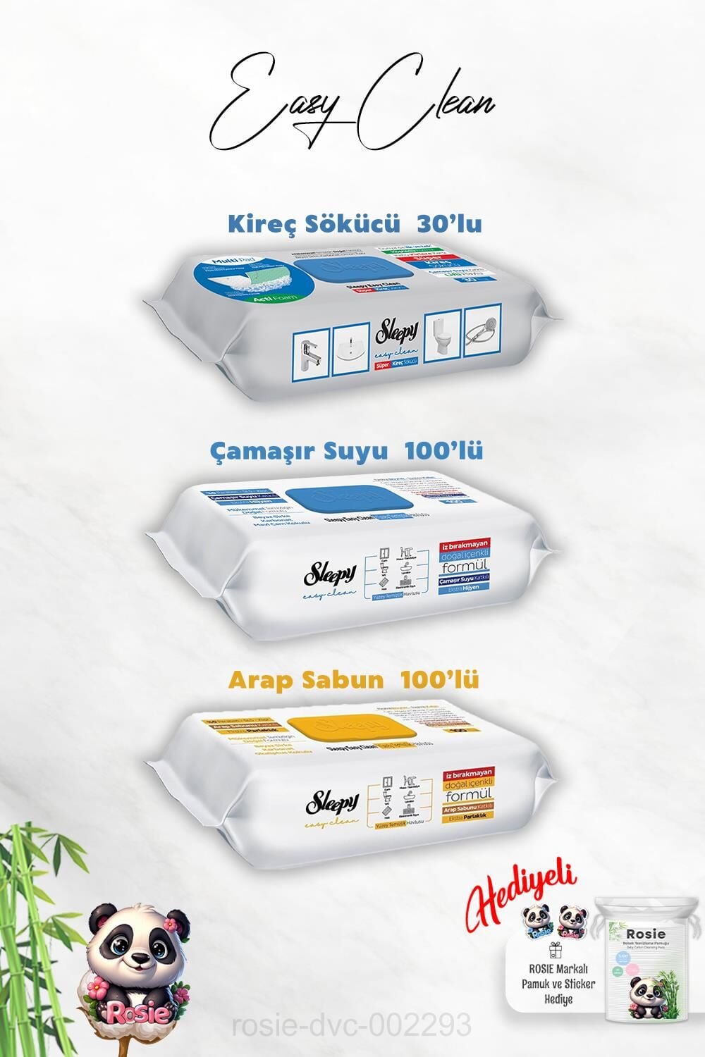 Sleepy 100'lü Arap Sabun ve Çamaşır Suyu Katkılı, Kireç Sökücü 30'lu ve Rosie Hediye