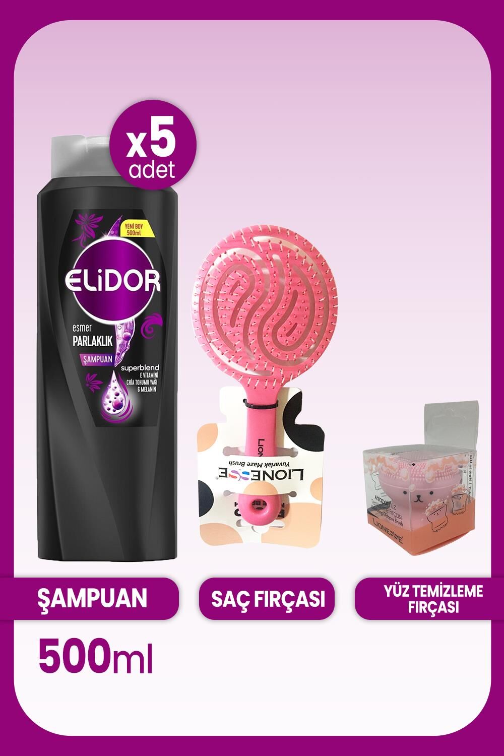Elidor Superblend Şampuan Esmer Parlaklık 500 ml x 5 Adet ve Saç ve Yüz Fırçası