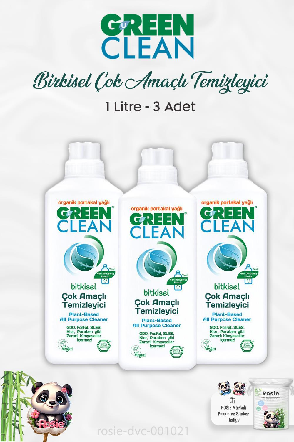 3 Adet Green Clean Bitkisel Çok Amaçlı Temizleyici Portakal Yağlı 1 lt ve ROSIE