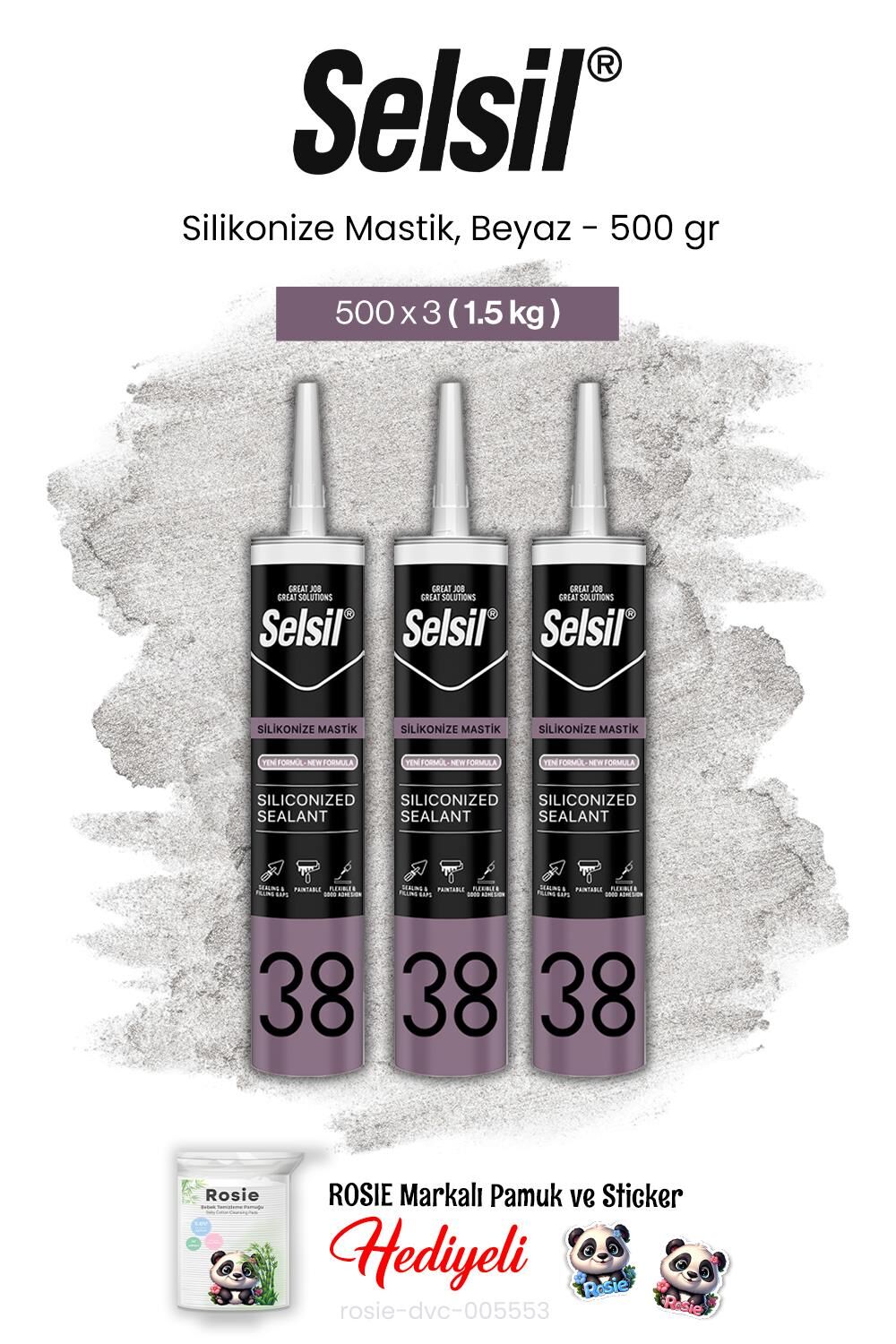 Selsil 3'lü Silikonize Mastik, 500 gr, Beyaz ve rosie pamuk