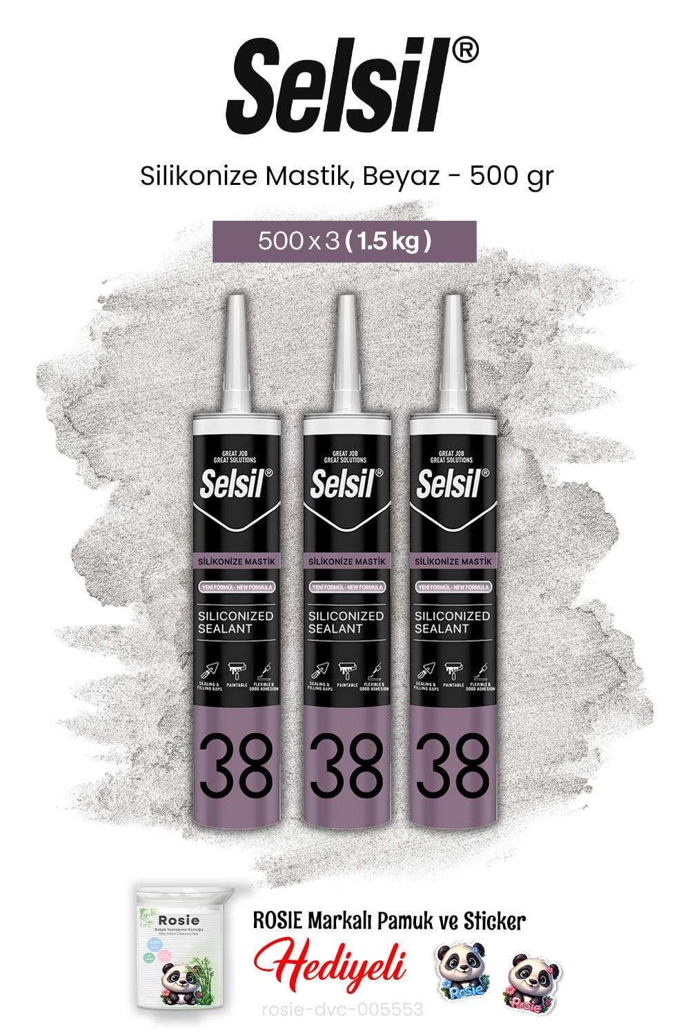 Selsil 3'lü Silikonize Mastik, 500 gr, Beyaz ve rosie pamuk