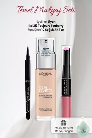 Loreal Paris True Match 1C, Likit Ruj 213, Slim Eyeliner Siyah ve Makyaj Süngeri Yeşil