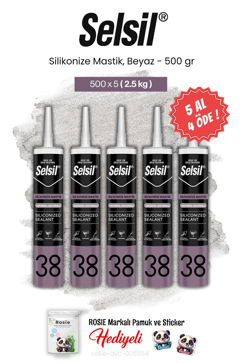 Selsil 5 AL 4 ÖDE Silikonize Mastik, 500 gr, Beyaz ve rosie pamuk