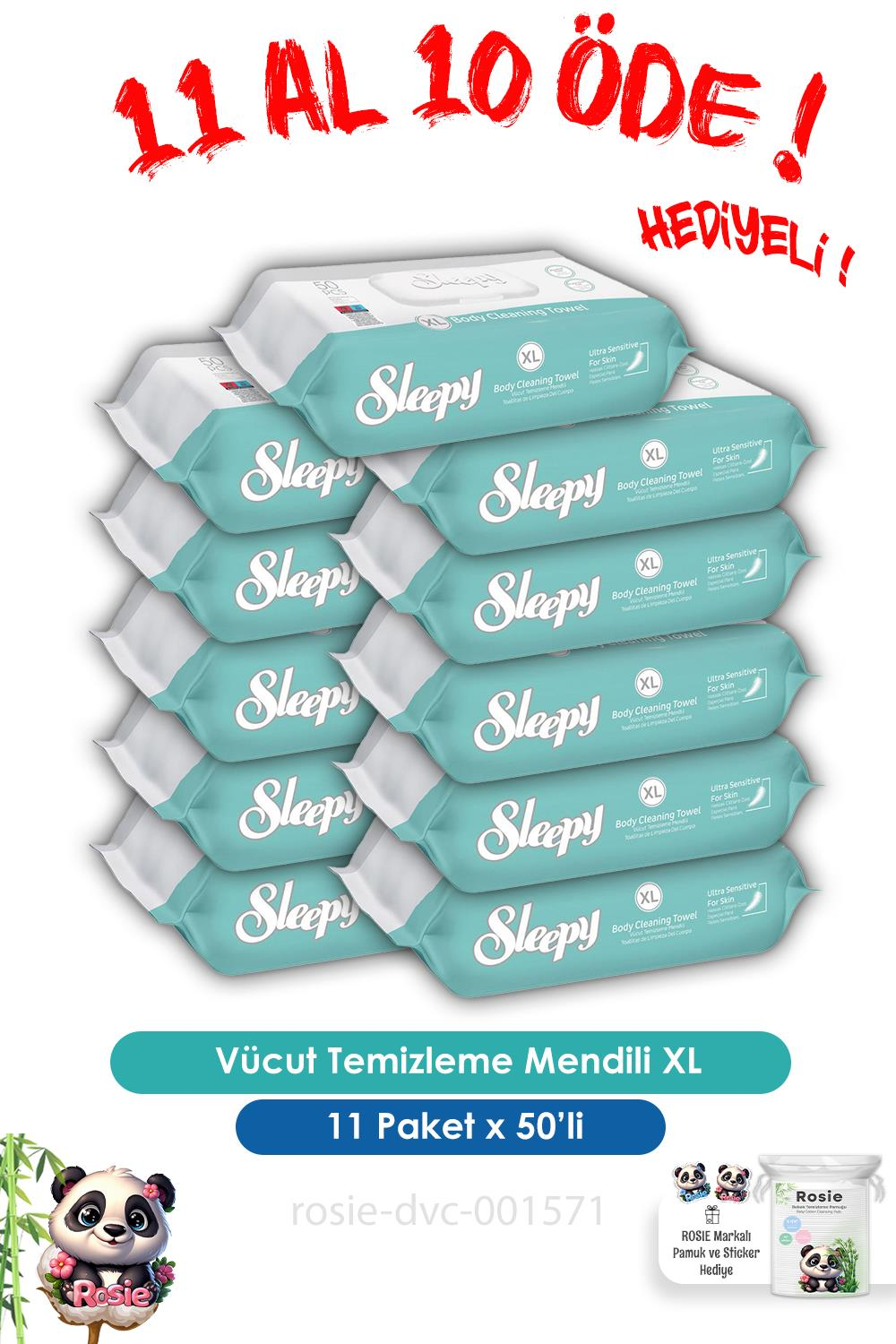 Sleepy 11 AL 10 ÖDE Vücut Temizleme Mendili Xl 50''li ve ROSIE