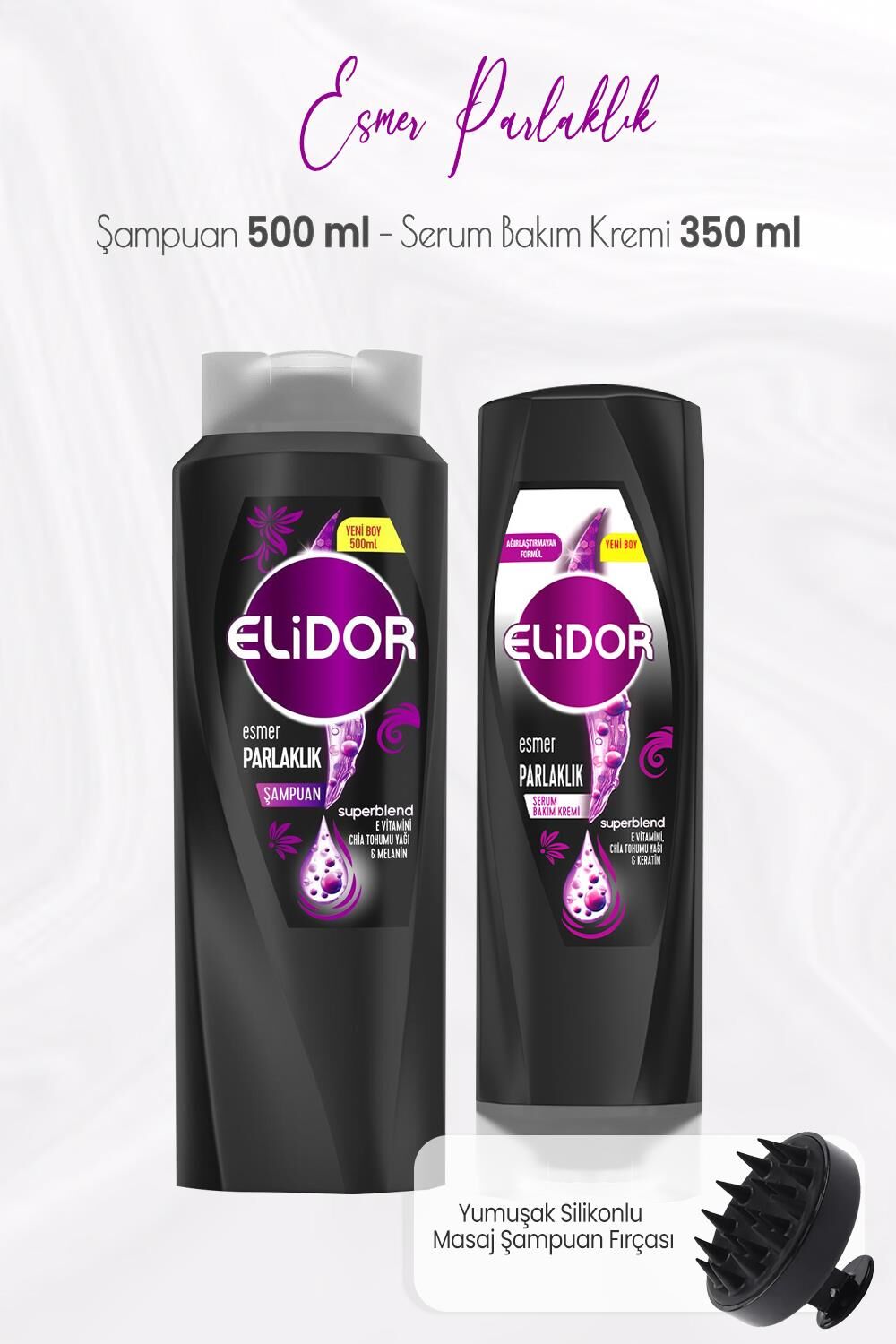 Elidor Superblend Esmer Parlaklık Şampuan 500 ml, Serum Bakım Kremi 350 ml ve Masaj Şampuan Fırçası
