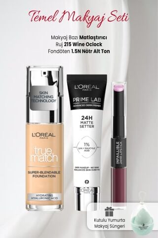Loreal Paris True Match 1.5N, Likit Ruj 215,Matlaştırıcı Baz ve Makyaj Süngeri Yeşil