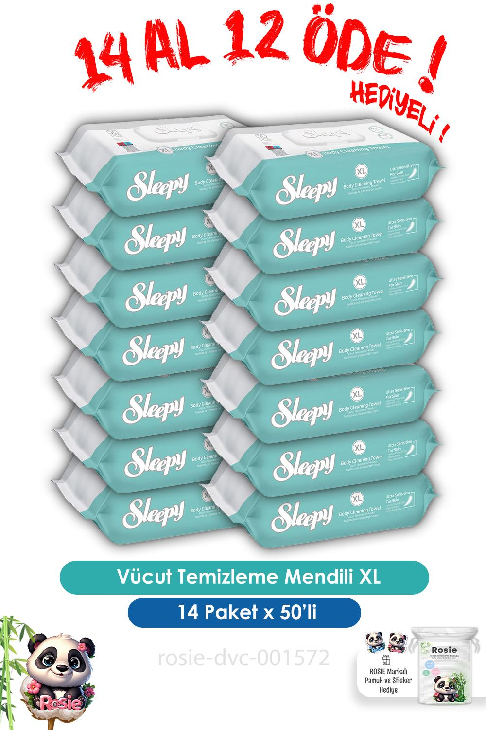 Sleepy 14 AL 12 ÖDE Vücut Temizleme Mendili Xl 50''li ve ROSIE