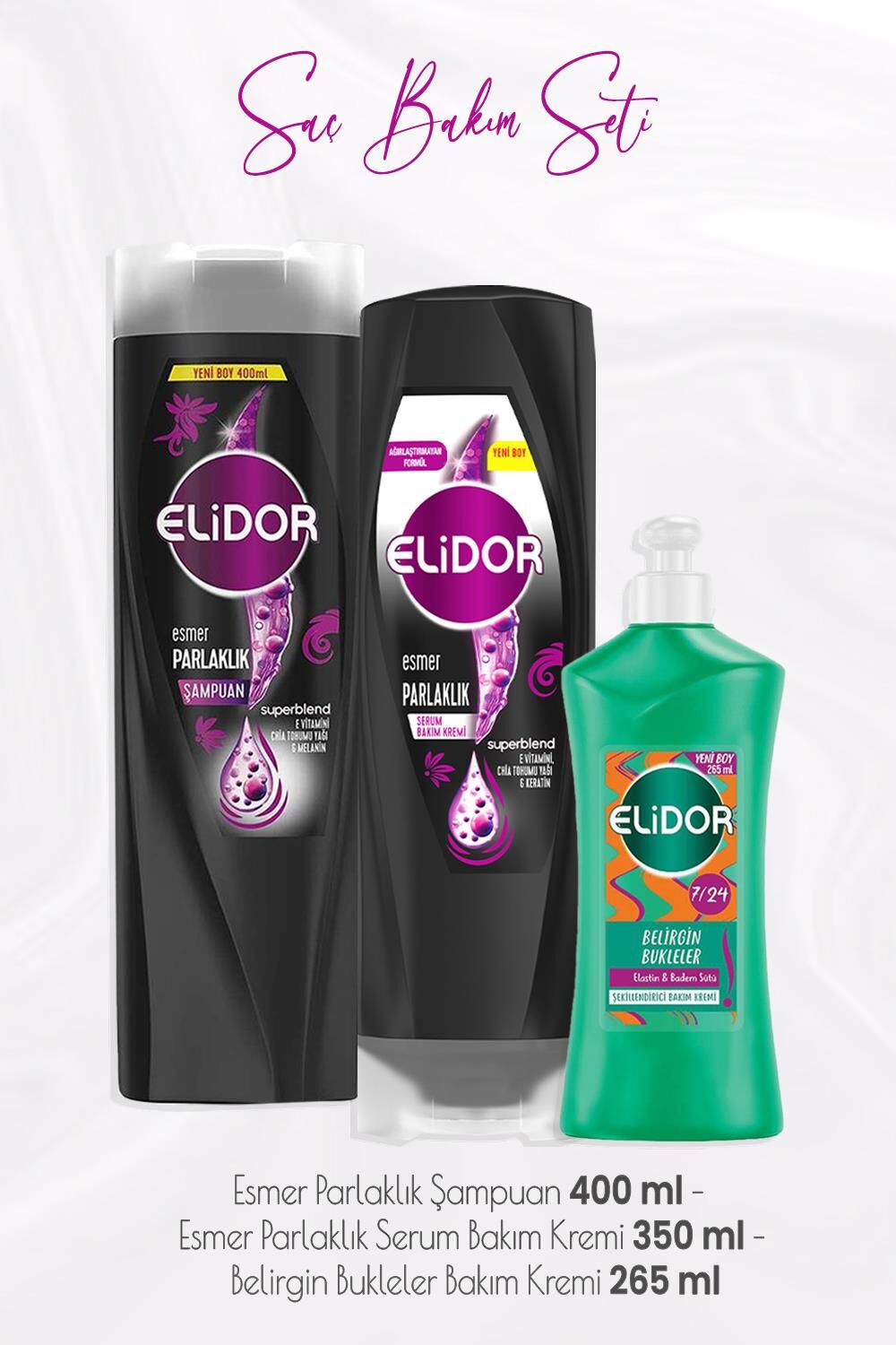 Elidor Superblend Esmer Parlaklık Şampuan 400 ml, Serum Bakım Kremi 350 ml ve Belirgin Bukleler Krem 265 ml