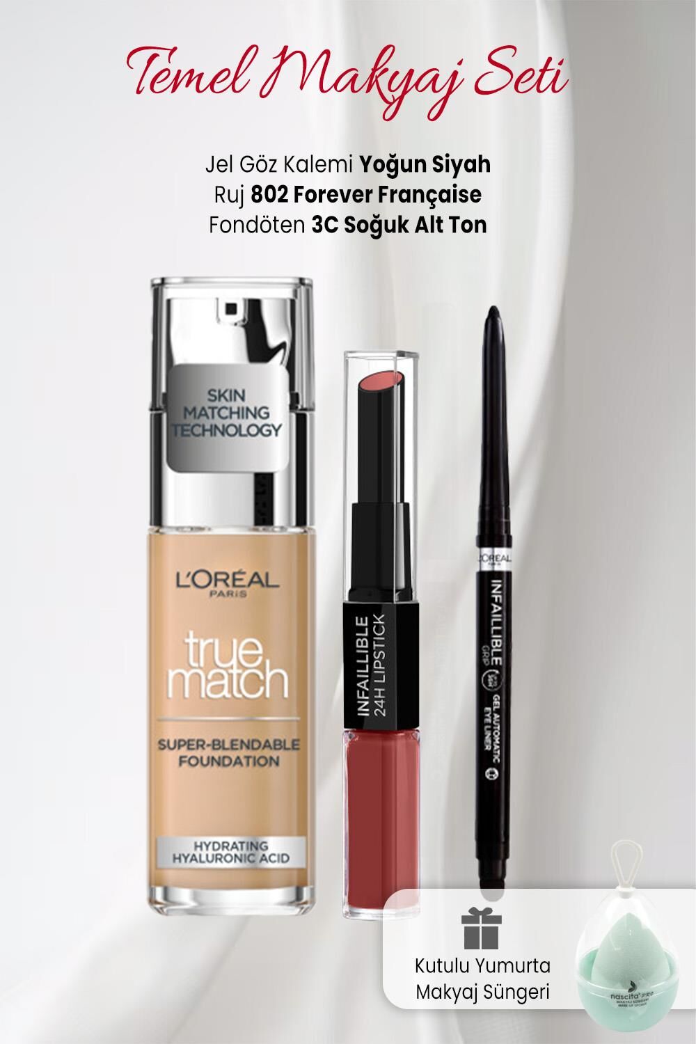 Loreal Paris True Match 3C, Likit Ruj 802, Jel Göz Kalemi Yoğun Siyah ve Makyaj Süngeri Yeşil