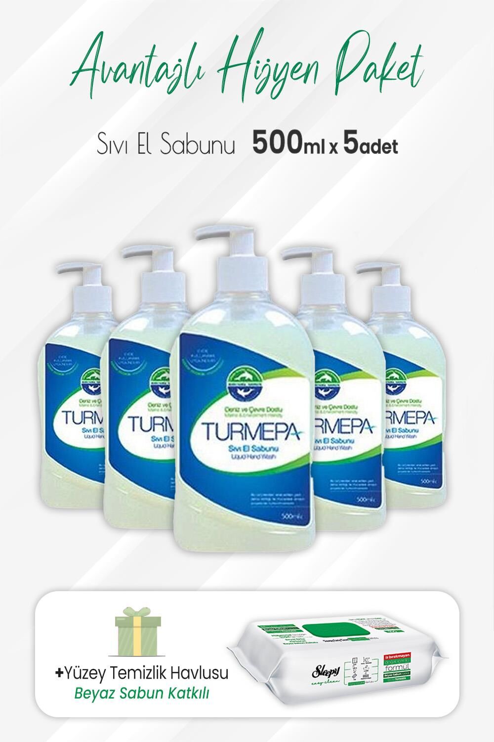 Turmepa Sıvı Sabun 500 ml x 5 Adet ve Easy Clean Yüzey Temizlik 100' lü