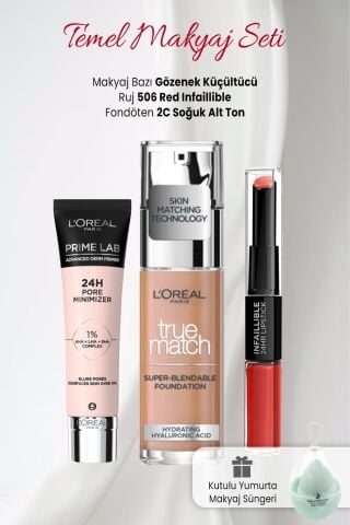 Loreal Paris True Match 2C, Likit Ruj  506,Gözenek Küçültücü Baz ve Makyaj Süngeri Yeşil