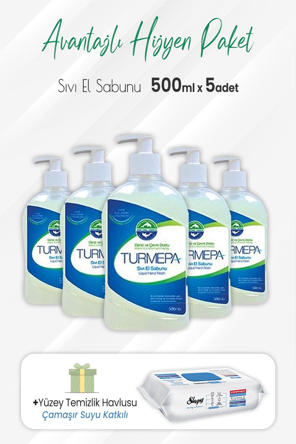 Turmepa Sıvı Sabun 500 ml x 5 Adet ve Çamaşır Sulu Yüzey Temizlik 100' lü