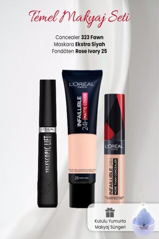 Loreal Paris 32H Matte Fondöten 25, Than Concealer 323, Telescopic Lift Ekstra Siyah ve Makyaj Süngeri Mavi
