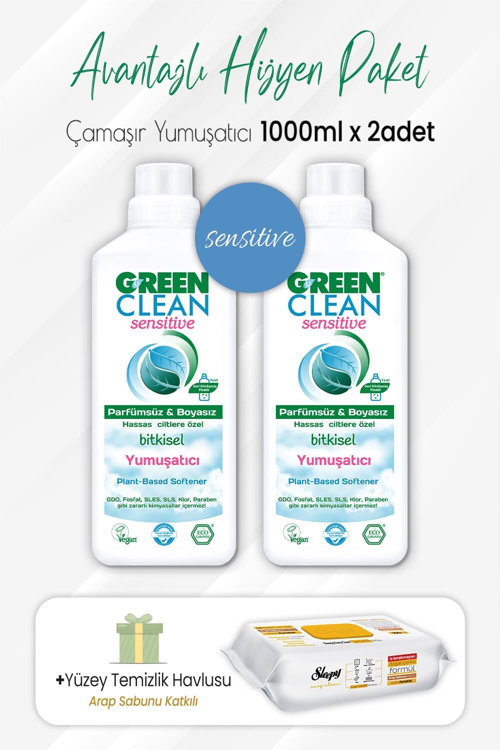 Green Clean Sensitive Yumuşatıcı 1 lt x 2 Adet ve Arap Sabunlu Temizlik Havlusu 100' lü