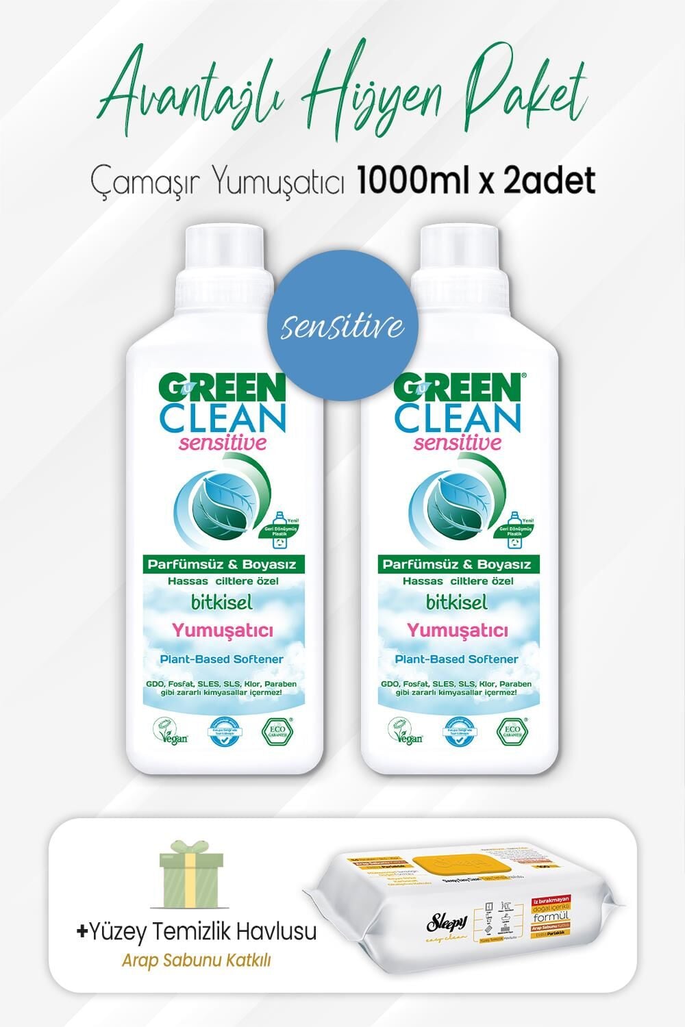 Green Clean Sensitive Yumuşatıcı 1 lt x 2 Adet ve Arap Sabunlu Temizlik Havlusu 100' lü