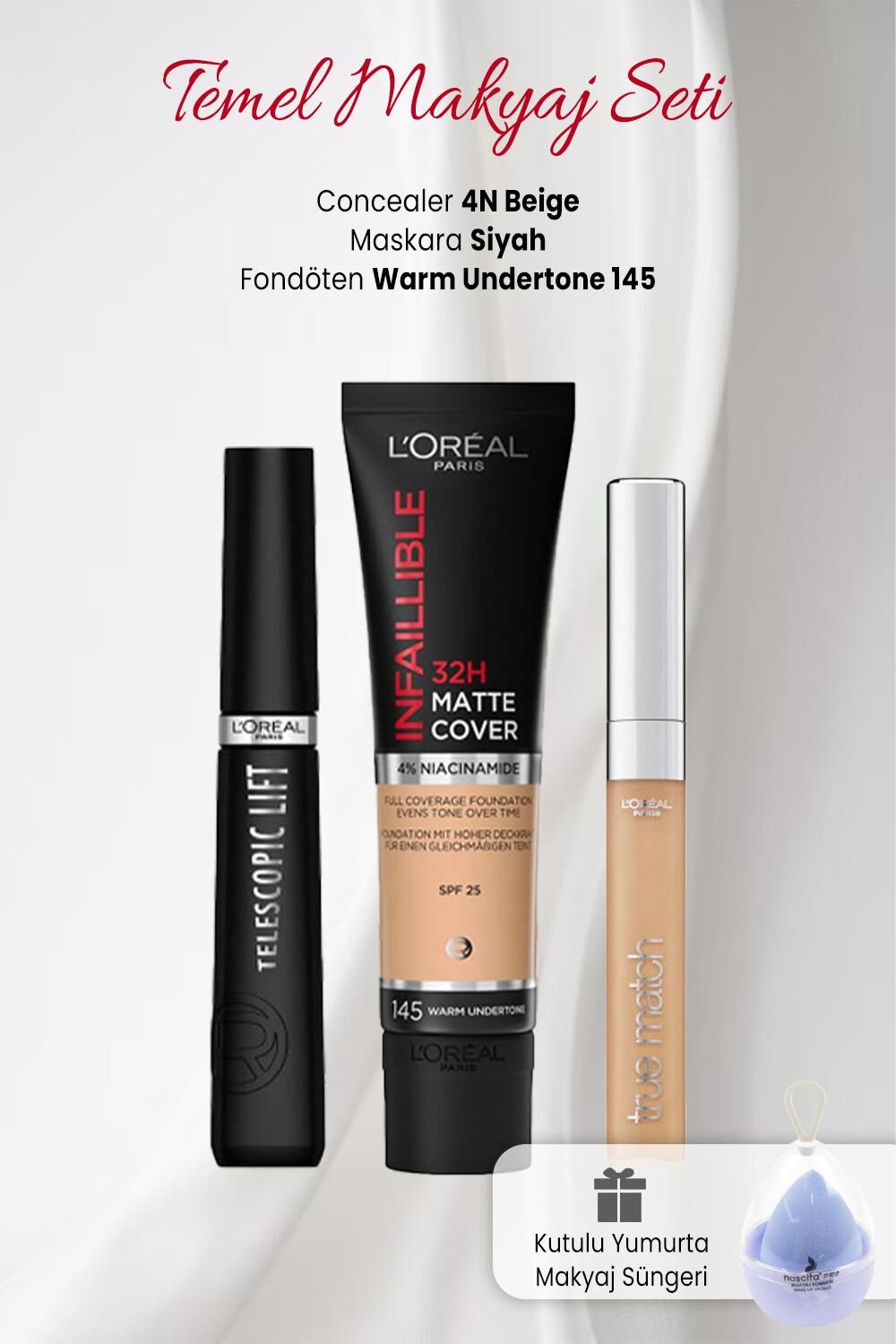 Loreal Paris Matte Fondöten 145, True Concealer 4N, Telescopic Lift Siyah ve Makyaj Süngeri Mavi