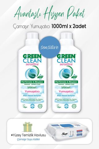 Green Clean Sensitive Yumuşatıcı 1 lt x 2 Adet ve Çamaşır Sulu Temizlik Havlusu 100' lü