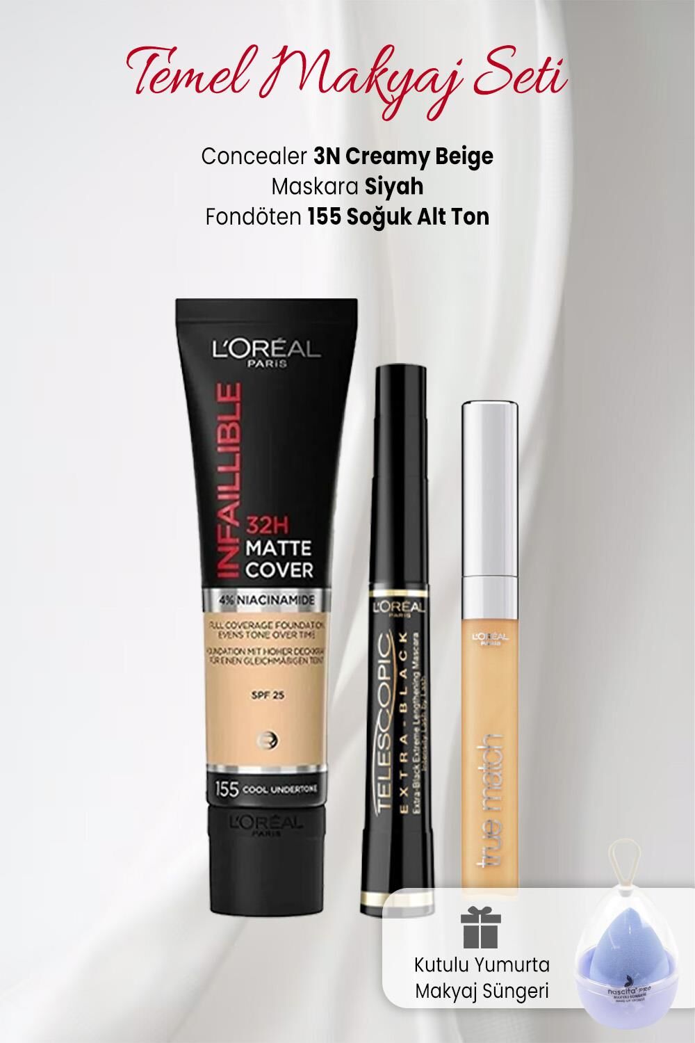 Loreal Paris 32H Matte Fondöten 155, True Concealer 3N, Telescopic Carbon Siyah ve Makyaj Süngeri Mavi