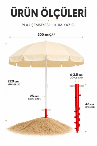 Krem 2 Metre Bahçe - Plaj Şemsiyesi 10 telli, Sabitleme Kazık