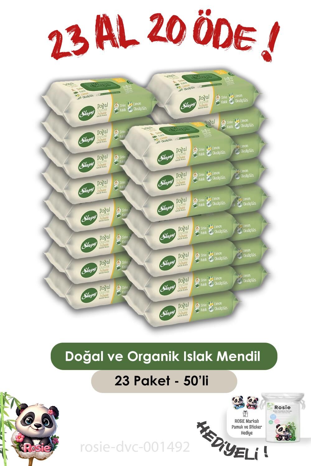 Sleepy 23 AL 20 ÖDE Doğal Ve Organik Islak Mendil 50 Adet ve ROSIE