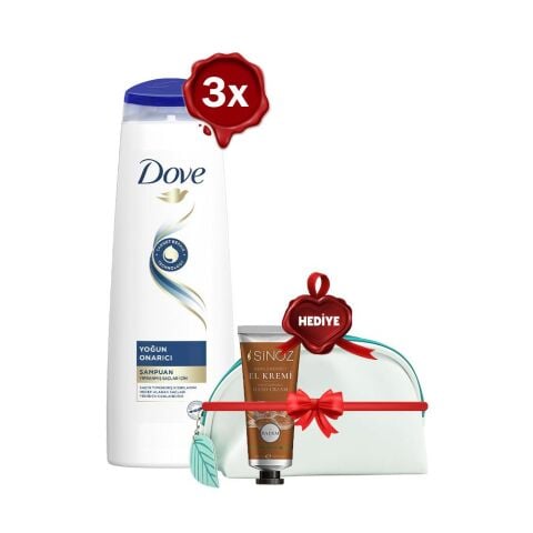 Dove Şampuan Yoğun Onarıcı 350 ml x 3, El Kremi Badem ve Çanta Hediyeli
