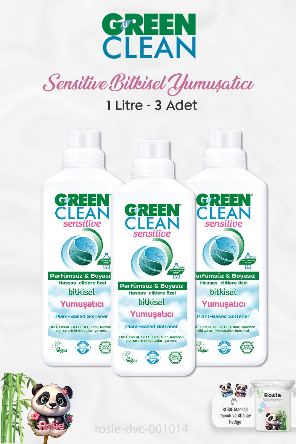 3 Adet Green Clean Sensitive Bitkisel Yumuşatıcı 1 lt ve ROSIE