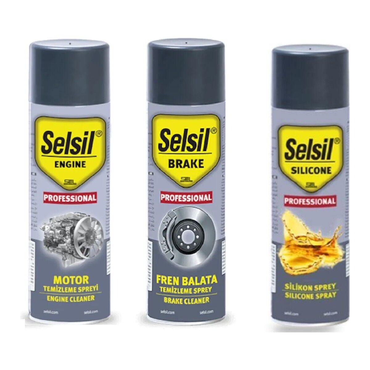 Selsil Oto Bakım Seti Motor Temizleme Spreyi 500 ml, Silikon Sprey 500 ml, Fren Balata Spreyi 500 ml