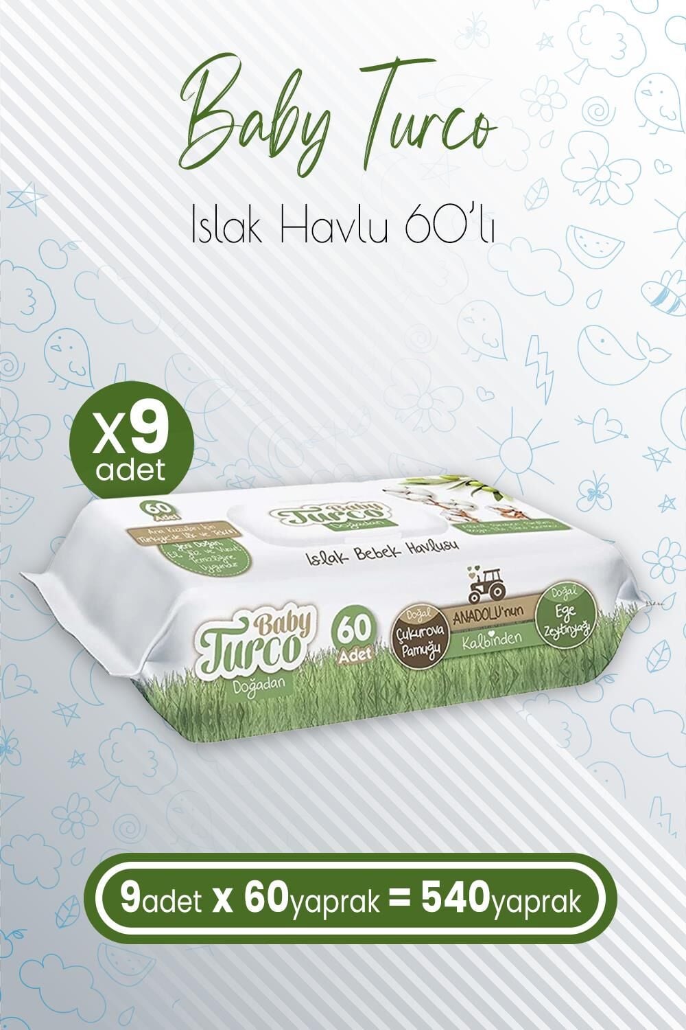 Baby Turco Doğadan Islak Bebek Havlusu Zeytinyağlı 60'lı x 9 Adet (540 Yaprak)