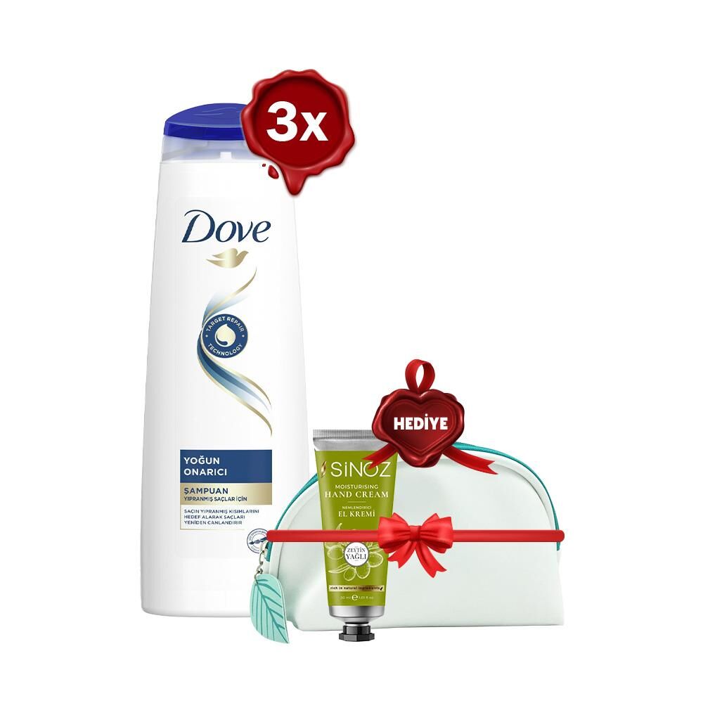 Dove Şampuan Yoğun Onarıcı 350 ml x 3, El Kremi Zeytinyağlı ve Çanta Hediyeli