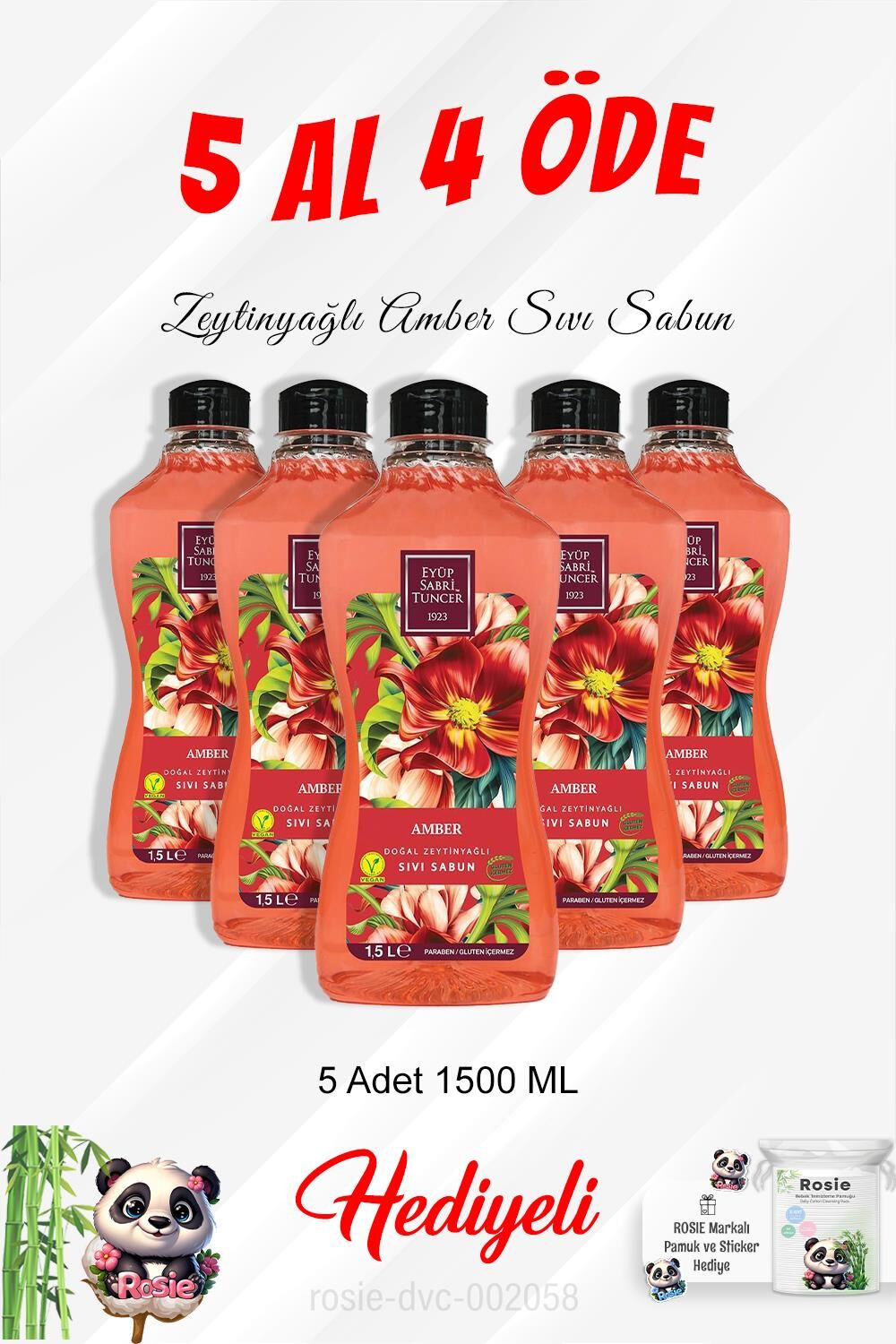 Zeytinyağlı Amber Sıvı Sabun 1500 ML 5 Al 4 Öde ve Rosie Pamuk