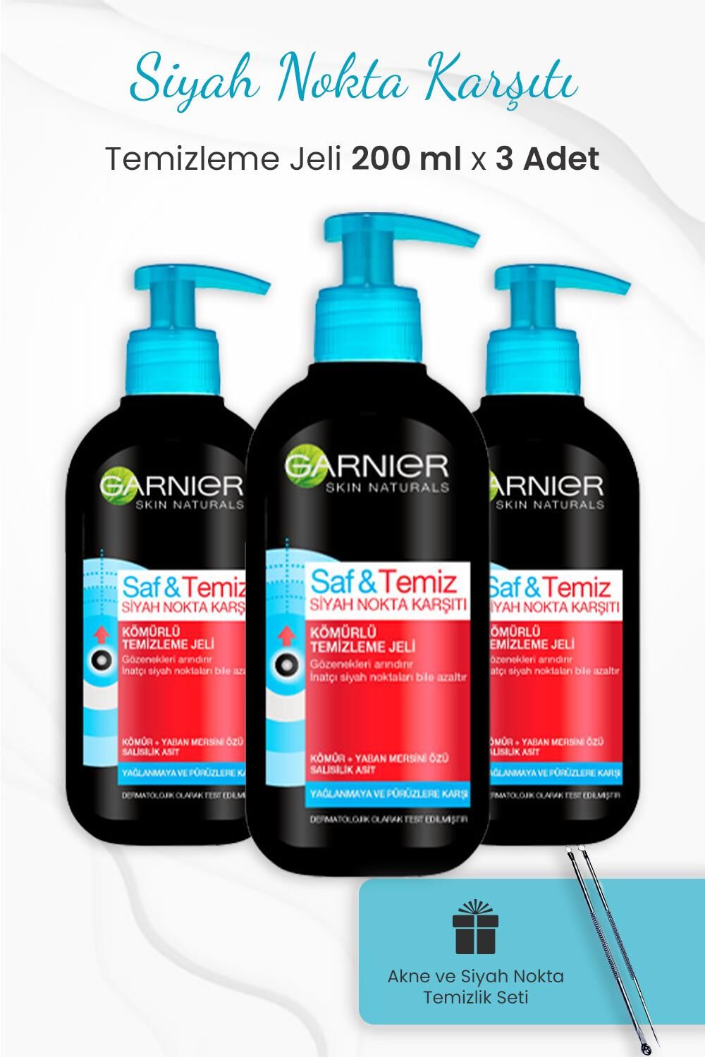 Garnier Temizleme Jeli Siyah Nokta Karşıtı 200 ml x 3 Adet ve Akne Temizleme Seti