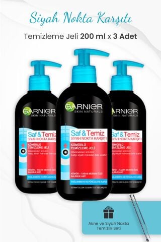 Garnier Temizleme Jeli Siyah Nokta Karşıtı 200 ml x 3 Adet ve Akne Temizleme Seti
