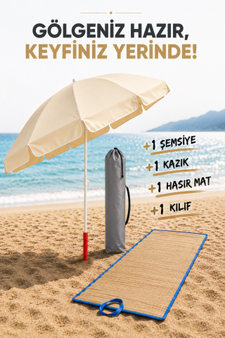 Kazık + Plaj Şemsiyesi  + Kılıf + Hasır Mat, Gölgenin Keyfini Çıkart