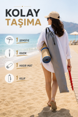 Kazık + Plaj Şemsiyesi  + Kılıf + Hasır Mat, Gölgenin Keyfini Çıkart